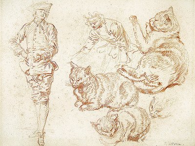 Two Men and Four Cats by Jean Antoine Watteau