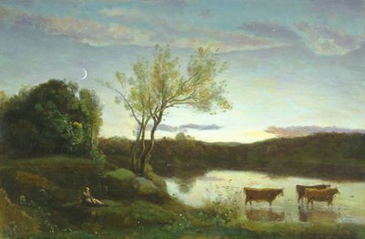 A Pond with three Cows and a Crescent Moon, c.1850 by Jean Baptiste Camille Corot