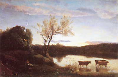 The Pond, Three Cows and a Crescent Moon by Jean-Baptiste-Camille Corot