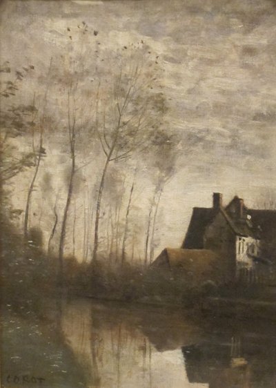 A River Scene with Houses and Poplars by Jean-Baptiste-Camille Corot