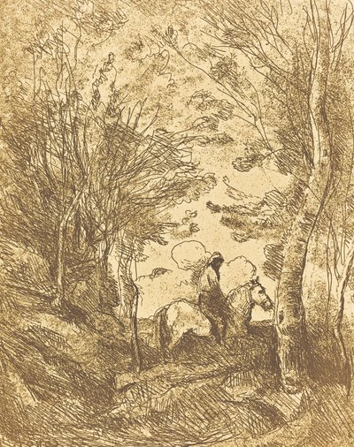 Horseman in the Woods, Large Plate by Jean Baptiste Camille Corot