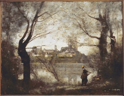 Mantes, Cathedral and City Seen Through the Trees, Evening by Jean Baptiste Camille Corot