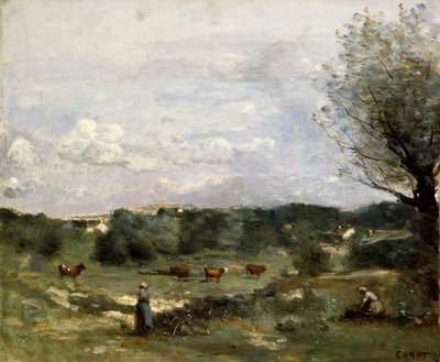 Meadow with Cows, a Willow on the Right and a Distant Village by Jean Baptiste Camille Corot