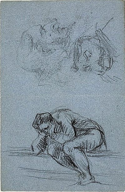 Seated Figure with Head in Hands and Two Caricatures (recto); Four Figures in a Lunette (verso) by Jean Baptiste Carpeaux