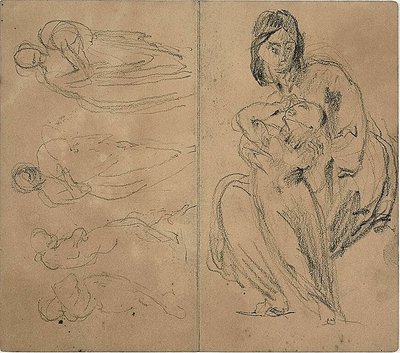 Sketches: Four Figures and Seated Mother and Child (recto); Seated Mother and Child (verso) by Jean Baptiste Carpeaux