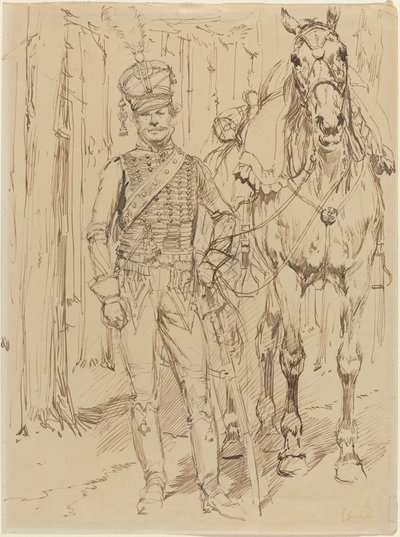 A French Hussar Leading a Horse by Jean Baptiste Edouard Detaille