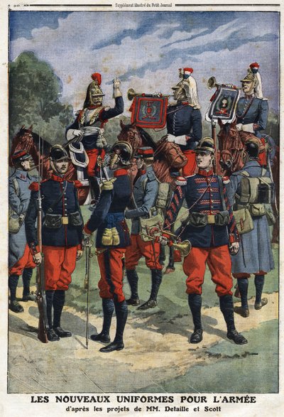 The new uniforms for the French army after the projects of painters Edouard Detaille and Georges Bertin Scott. Engraving in 