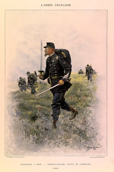 Types and Uniforms of the French Army by Captain Jules Richard, Illustrated by Edouard Detaille: Foot Hunters: Sergeant Major in Field Dress in 1885, Private Collection by Jean Baptiste Edouard Detaille