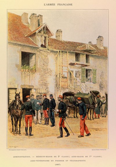 Types and Uniforms of the French Army of Captain Jules Richard, illustrated by Edouard Detaille (1848-1912): Administration: Medicin Major of 2nd Class; Aide Major of 1st Class; Veterinary Aide First and Telegrapher in 1887, Private Collection by Jean Baptiste Edouard Detaille