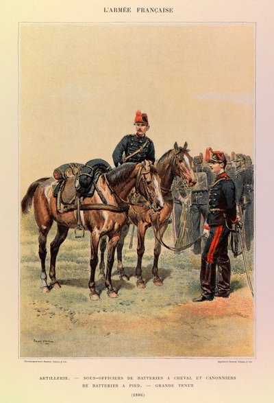 Types and uniforms of the French Army of Captain Jules Richard, illustrated by Edouard Detaille (1848-1912): Artillery: Under-officers of batteries on horses and gunners of battery on foot in large attire in 1886 by Jean Baptiste Edouard Detaille
