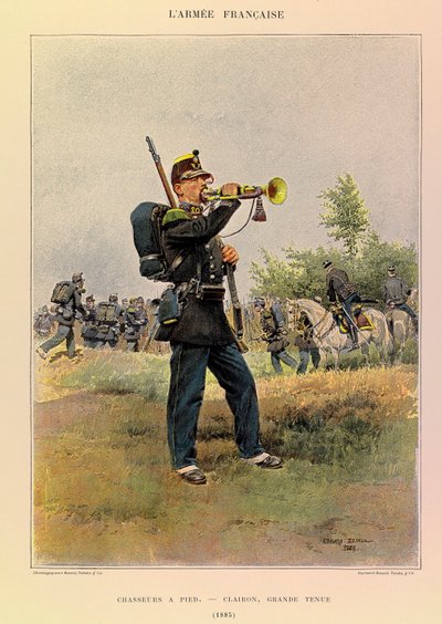 Types and uniforms of the French Army of Captain Jules Richard, illustrated by Edouard Detaille (1848-1912): Hunters on foot: Bugle in great dress in 1885 by Jean Baptiste Edouard Detaille