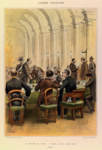 Types and uniforms of the French Army of Captain Jules Richard, illustrated by Edouard Detaille (1848-1912): The draw in Paris, Salle Saint Jean in 1887, Private Collection by Jean Baptiste Edouard Detaille