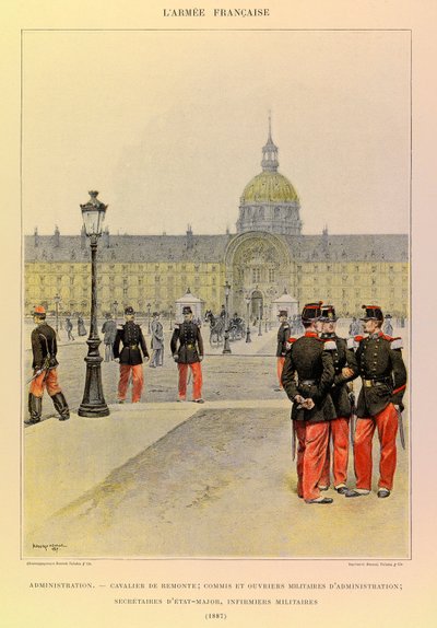 Types and uniforms of the French Army of Captain Jules Richard, illustrated by Edouard Detaille (1848-1912): Administration: Horseman, military clerk and administrative workers, staff secretaries, military nurses in 1887, Private Collection by Jean Baptiste Edouard Detaille