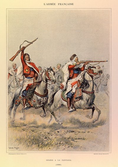 Types and Uniforms of the French Army by Captain Jules Richard, Illustrated by Edouard Detaille: Spahis at the Fantasia in 1886, Private Collection by Jean Baptiste Edouard Detaille