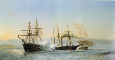 Naval Battle in Front of the Moroccan Coast Between Two Moroccan Brigs and a French Wheeled-Corvette on the Occasion of the Bombing of Mogador by the French Squadron in 1844 by Jean Baptiste Henri Durand Brager