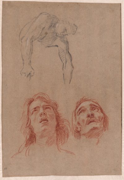 Man Reaching Down and Two Studies of Heads (recto) by Jean Baptiste Jouvenet