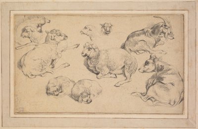 Sheet of Studies with Sheep, Goats, and Dogs, c. 1780 by Jean Baptiste Marie Huet