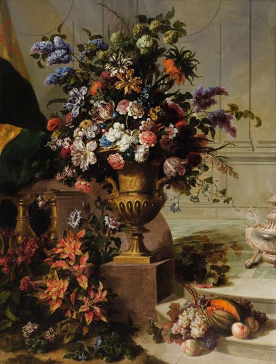 A Bouquet of Flowers in a Gilded Bronze Urn on a Porphyry Base in an Architectural Setting by Jean Baptiste Monnoyer