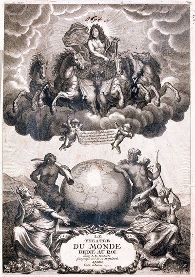Portrait of Louis XIV, flying over a terrestrial globe, title page by Jean Baptiste Nolin