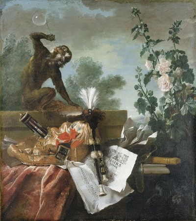 An Allegory of Air: A Musical Still Life with a Monkey Blowing Bubbles, a Musette, a Flute and Musical Scores by Jean Baptiste Oudry