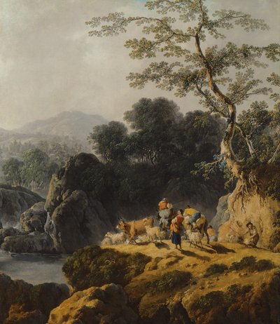 A River Valley Landscape with Herdsmen and Travellers by Jean Baptiste Pillement