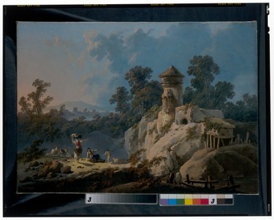 An Extensive Landscape with Herdsman Resting with Their Flocks Below a Tower by Jean Baptiste Pillement