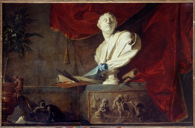 Allegory of the Arts Still life sculpted bust, palette and brushes, canvas, roller by Jean Baptiste Simeon Chardin
