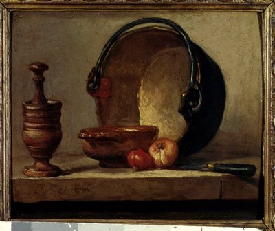The Copper Cauldron Still Life with Mortar and Onions by Jean Baptiste Simeon Chardin