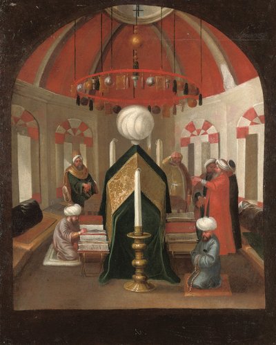 A Turkish Mausoleum with Figures at the Tomb of a Sultan by Jean Baptiste Vanmour