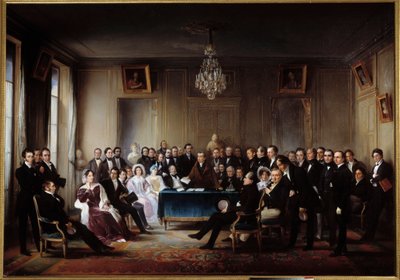The poet and playwright Francois Guillaume Andrieux reading his tragedy Junius Brutus in the foyer at the Comedie Francaise on 26/05/1828. Among the presents Alexandre Dumas, Pierre Nicolas Michelot, Jean Francois Becquerel, Firmin, Victor Hugo, Eugene by Jean Beraud