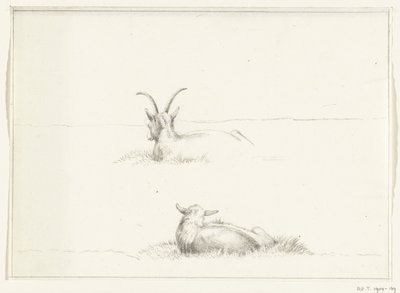 Sketches of a lying goat and a sheep, from behind by Jean Bernard