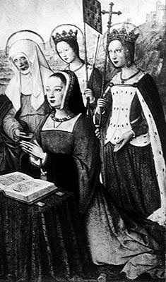 Anne of Brittany with St. Anne, St. Ursula and St. Helen, miniature from the Grandes Heures of Anne of Brittany, c.1503-8 by Jean Bourdichon