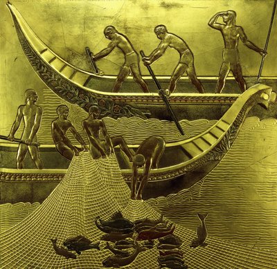 A lacquered panel depicting fishermen drawing their nets by Jean Dunand