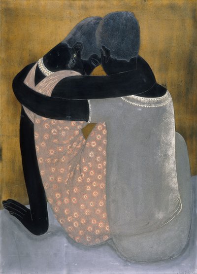 Two ladies seated with their arms about one another, their heads inclined by Jean Dunand
