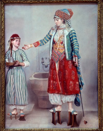 Orientalism: Franco lady clothed with the Turkish and her slave. The two women wear wooden platforms used in the hammam by Jean Étienne Liotard