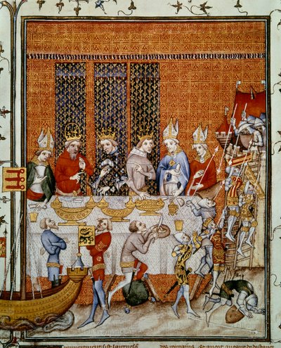 Banquet offered by King Charles V of France at the Palace of the Cite in honor of Emperor Charles IV and Wencesla IV king of Bohemia. Miniature from 