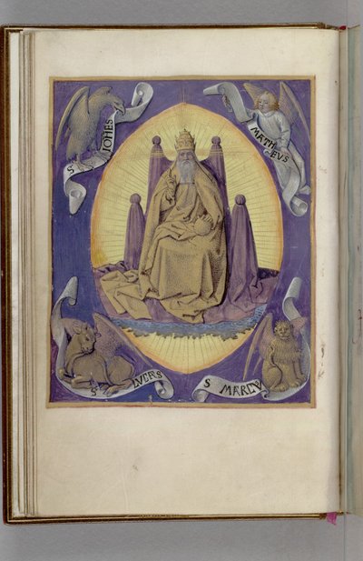 God the Father with symbols of the four Evangelists in the corners. Book of Hours, 1450-1499 by Jean Fouquet