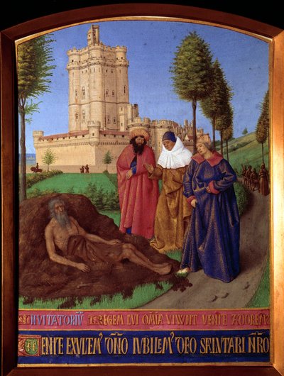 Job on his manure pile, overwhelmed by all misfortunes. Miniature in 