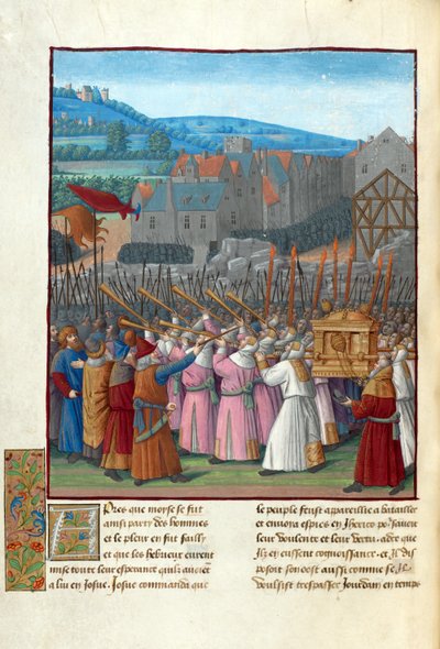 Joshua and the Fall of Jericho. Illustration in Flavius Josephus "Antiquities of the Jews" by Jean Fouquet