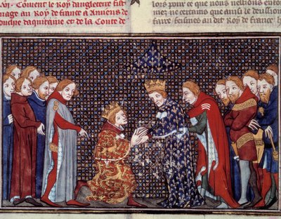 The tribute of King Edward III of England to Philip VI of Valois, King of France, in 1330. Miniature from 