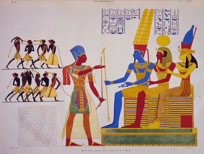 Ramesses II before Triad, fresco from east wall of great hall of Abu Simbel by Jean Francois Champollion