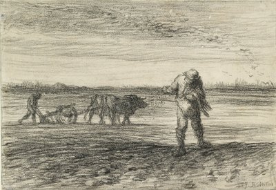 Man ploughing and another sowing by Jean Francois Millet