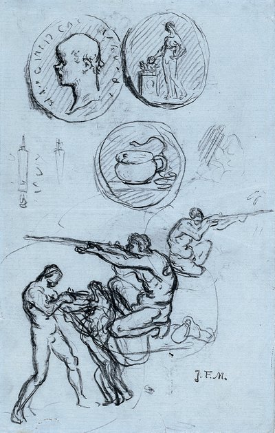 Three studies for antique coins, hunters, and a man with a lion by Jean Francois Millet