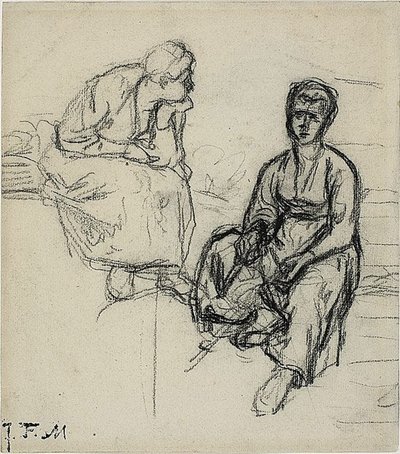 Two Studies of a Seated Peasant Woman; Study of a Young Girl Wearing a Hat by Jean Francois Millet