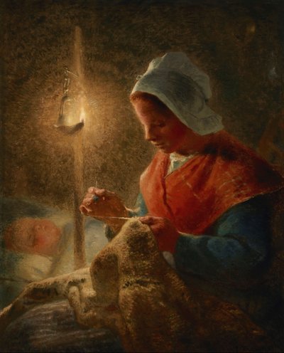 Woman Sewing by Lamplight by Jean Francois Millet