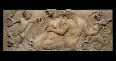 Nymph and little genie rides on a marine horse; Nymph and Triton surrounded by two small genies. Low relief. Stone sculpture by Jean Goujon