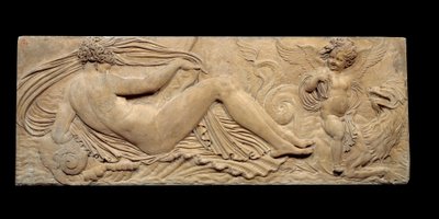 Nymph and little genie rides on a marine horse; Nymph and Triton surrounded by two small genies. Low relief. Stone sculpture by Jean Goujon