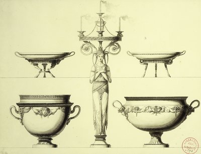 Design for a Candelabrum in the Form of a Woman, Two Silver Cups and Two Silver Dishes by Jean Guillaume Moitte