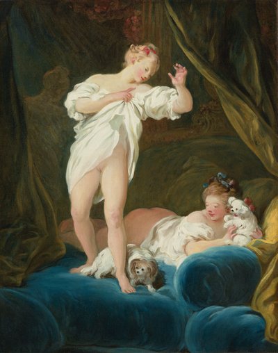 Two Girls on a Bed Playing with Their Dogs by Jean Honore Fragonard