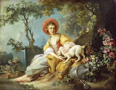 A Young Woman Seated with a Dog and a Watering Can in a Garden by Jean Honore Fragonard